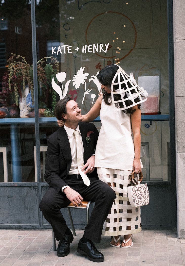 The bride wore a repurposed dress and sculptural veil to her Hope Street Radio wedding